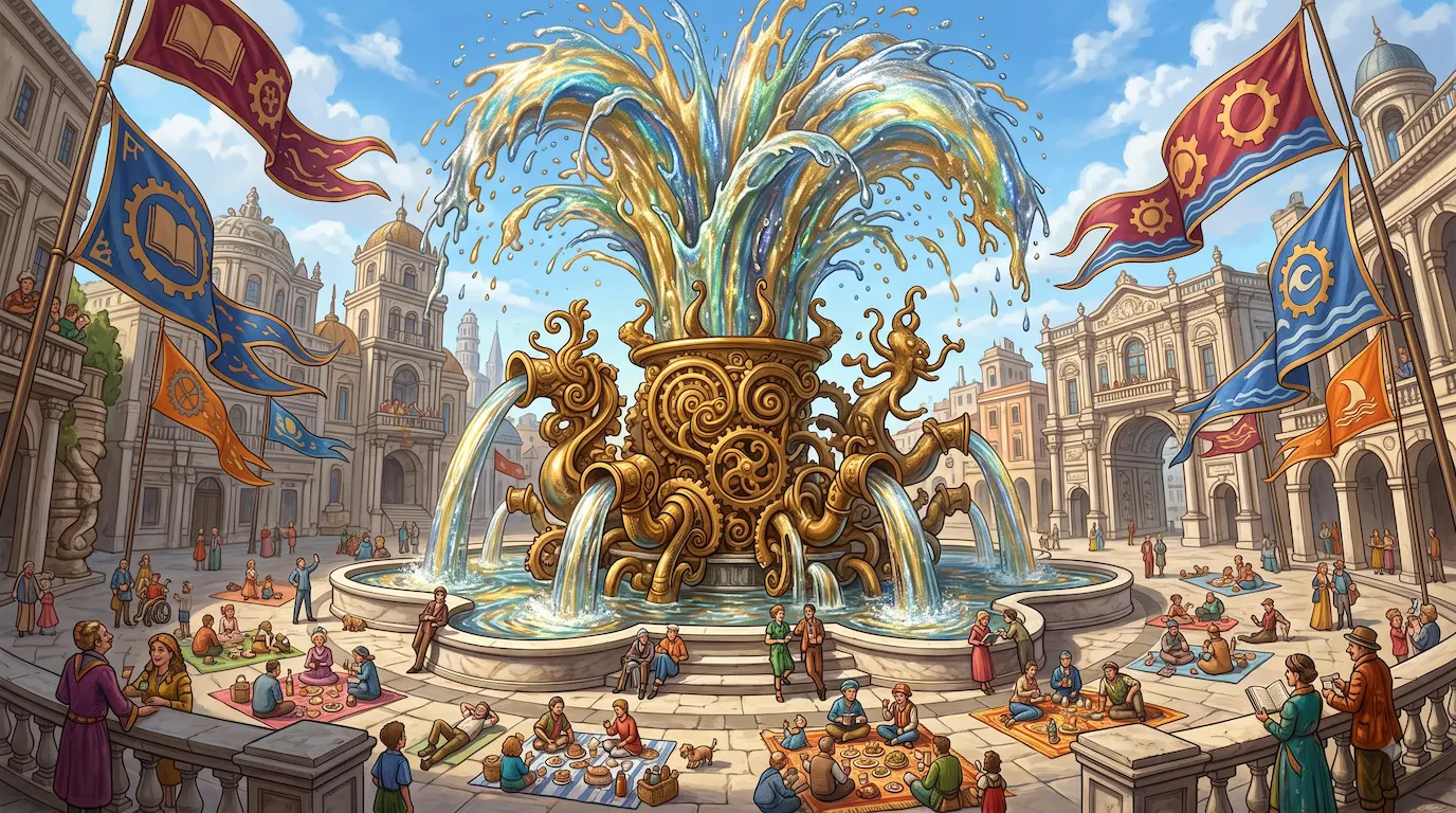 Triumphant surreal fountain of shimmering media slurry in a public square while people picnic calmly nearby