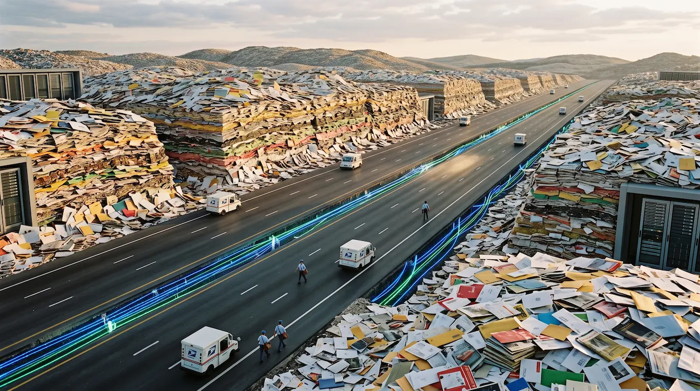 Conceptual image of junk mail and pulp paper stacked like geological strata, cut through by a highway and glowing fiber cables