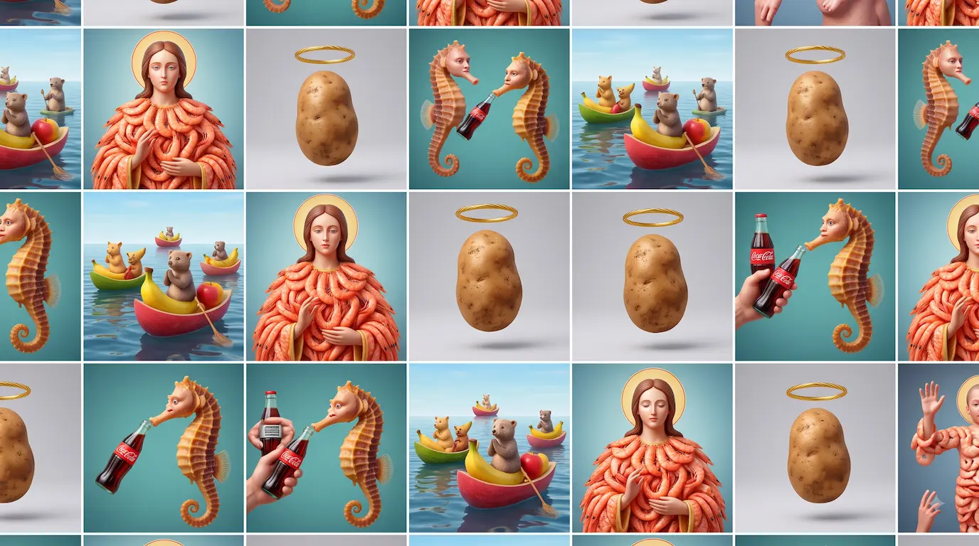 Hyper-photoreal grid of absurd synthetic sacred-pop images in the style of viral AI engagement bait
