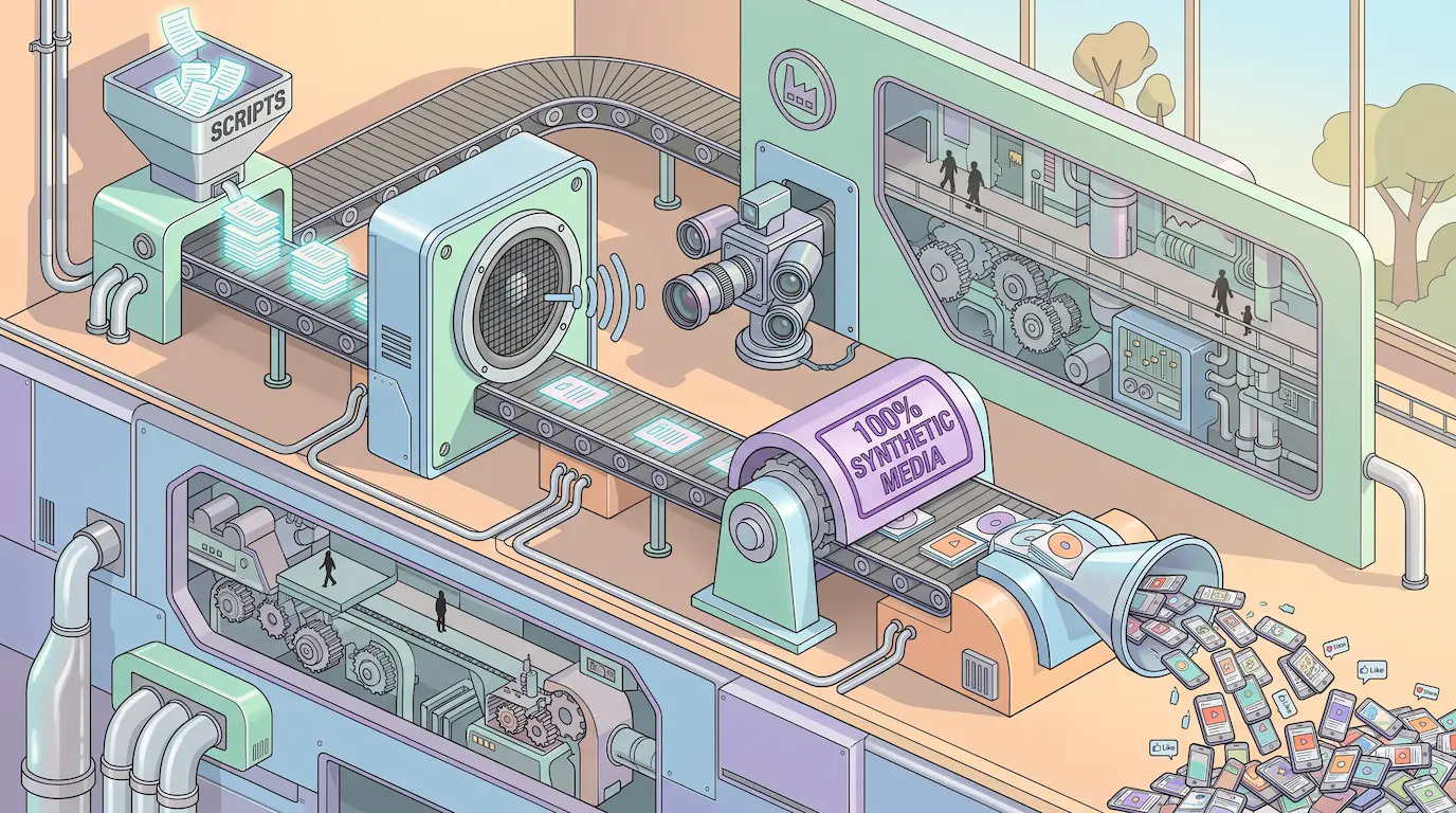 Isometric cutaway of a content factory conveyor from scripts to synthetic voice to video to watermarked distribution