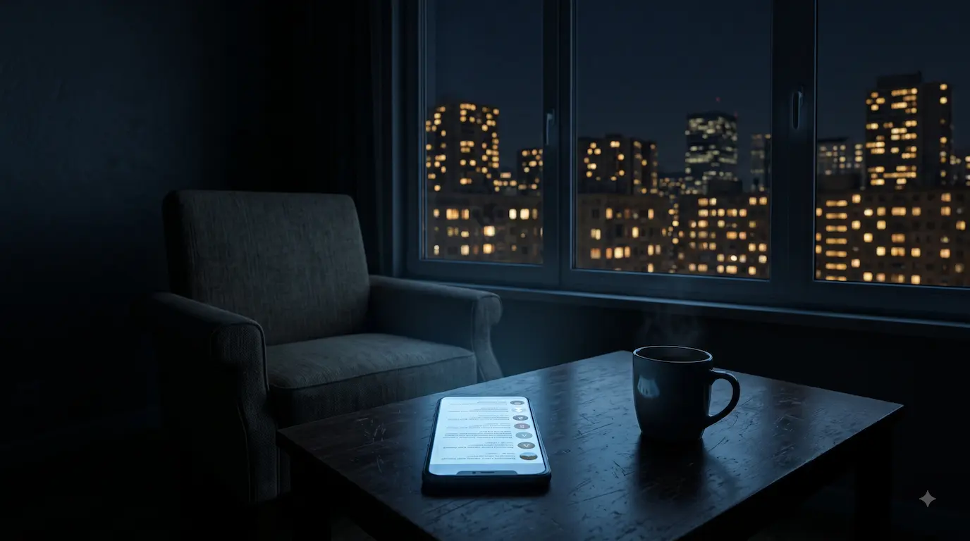 A phone on a table showing a bland comment thread of near-identical avatars, empty chair facing the glow