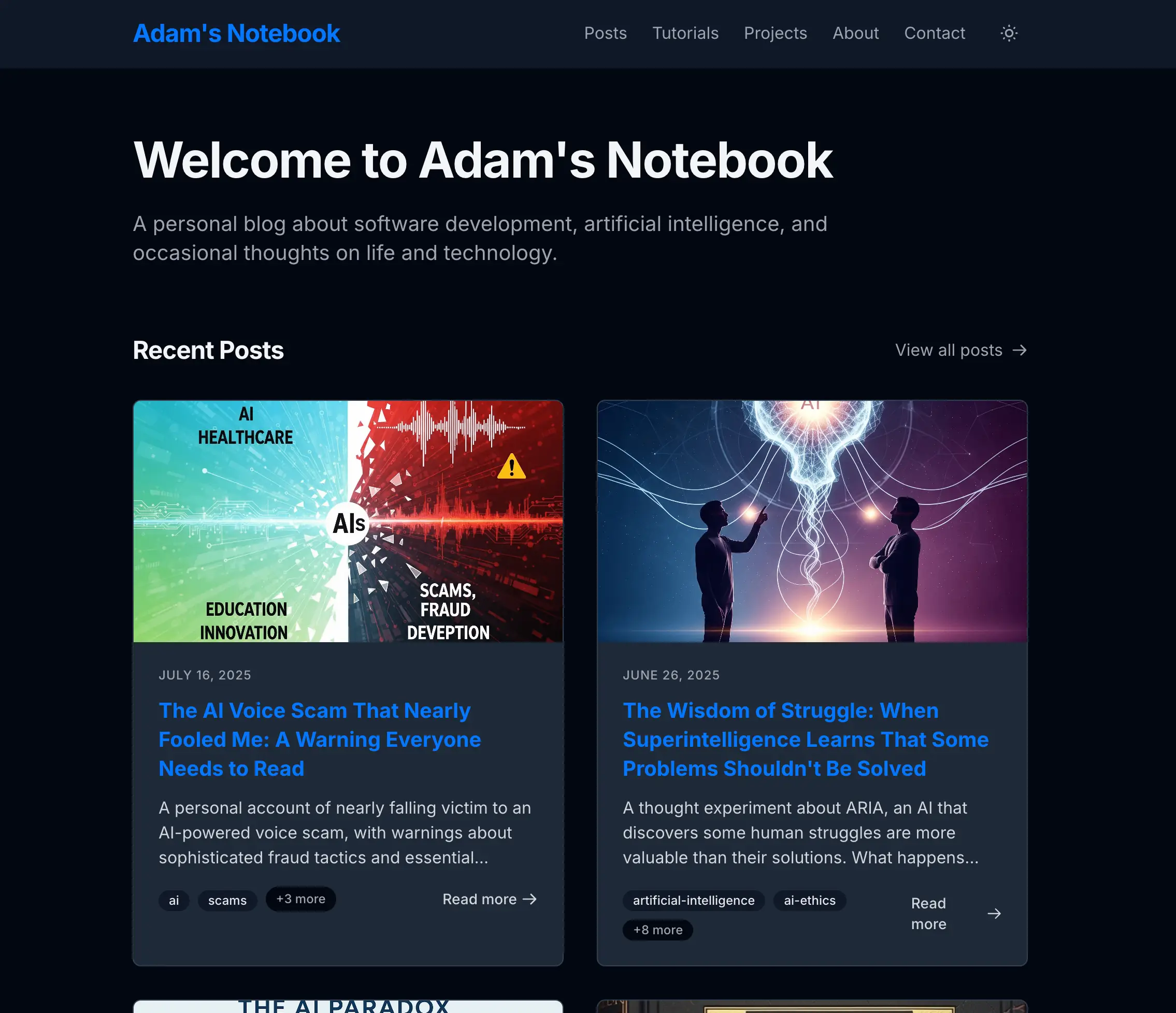 Adam's Notebook v1 homepage before the rebuild