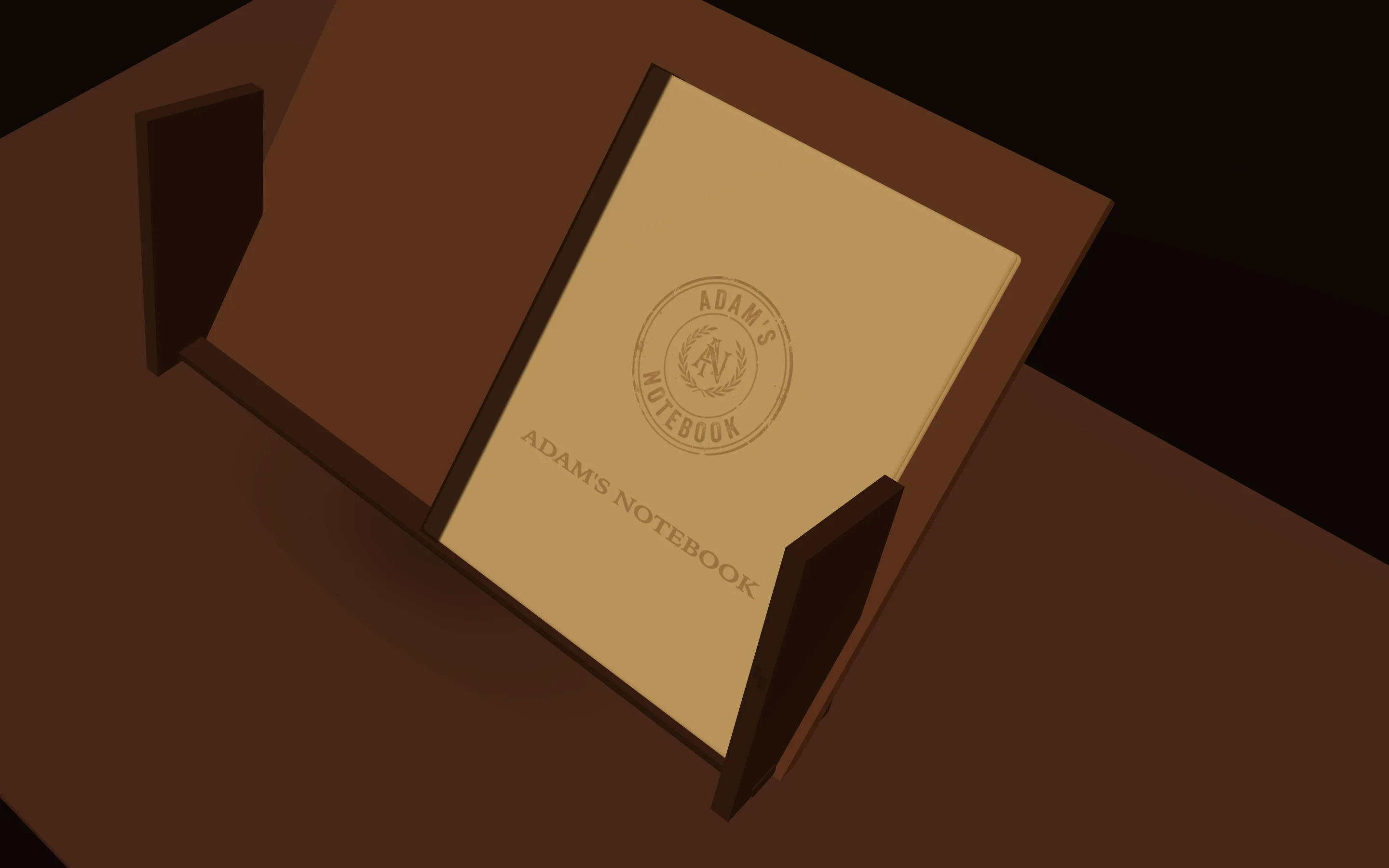 Closed kraft notebook on a wooden easel, front cover embossed with Adam's Notebook
