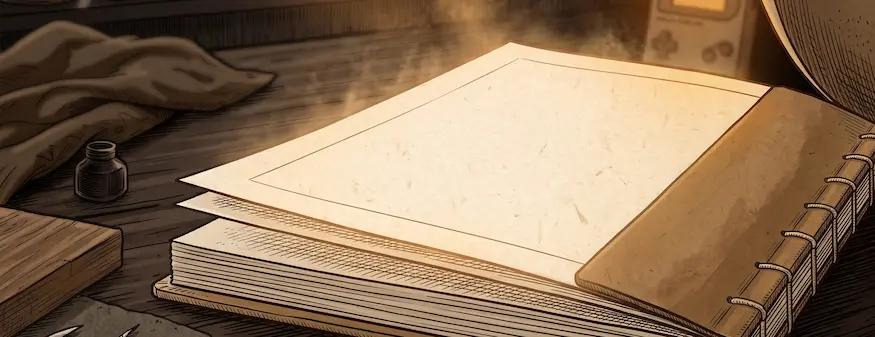 A playful hint — something small and glowing waiting at the edge of a kraft-paper notebook