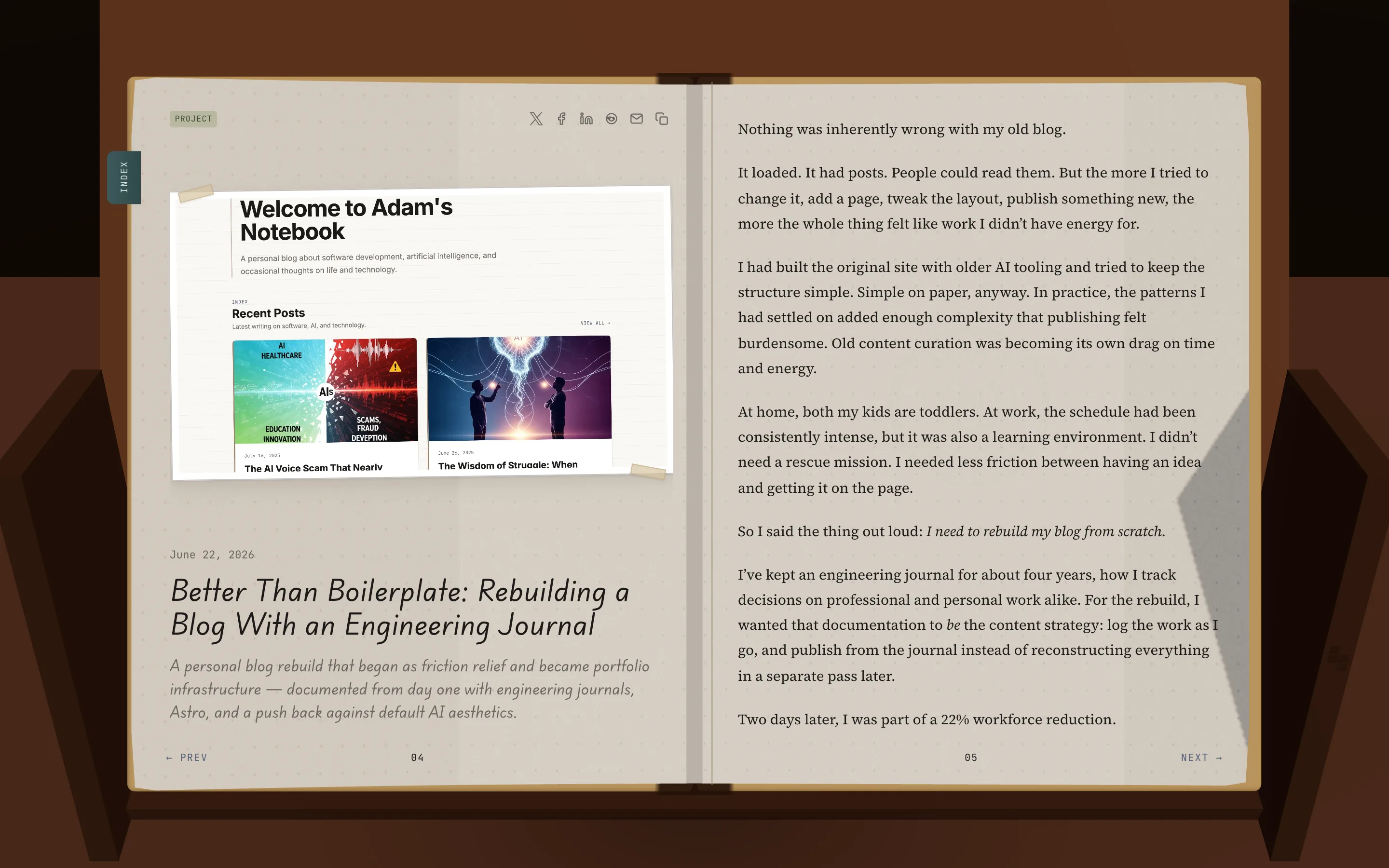 Open notebook showing an article spread with hero image and prose